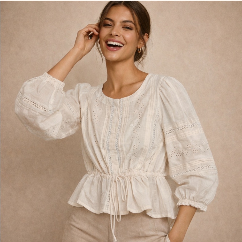 Joie Cream Eyelet Peplum Blouse